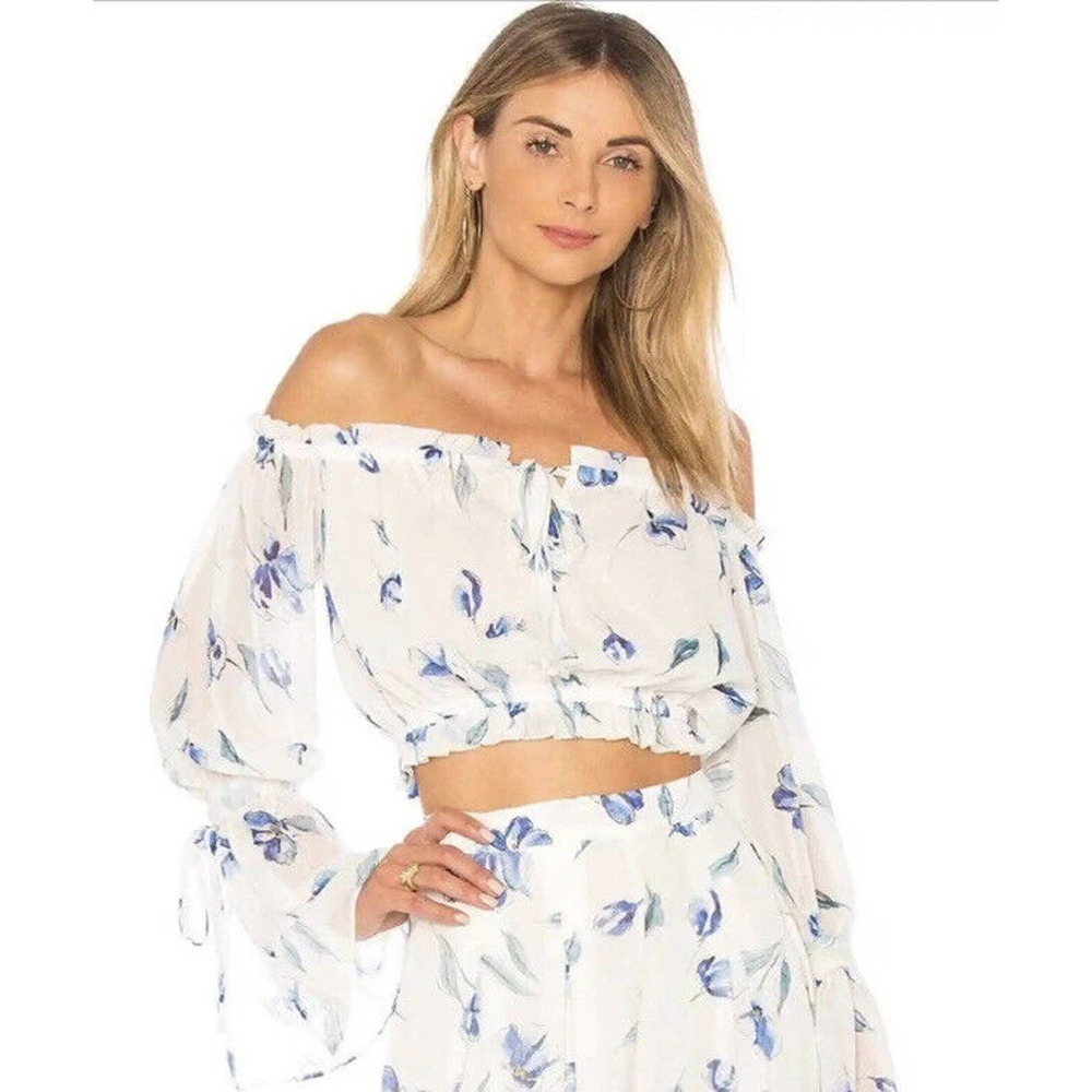 Endless Rose Small Blouse White Blue Floral Long Sleeve Off Shoulder Cro…